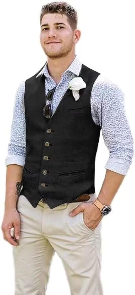 Wehilion Men Suit Vest Linen Black Beach Wedding Waistcoat Summer Casual Men  Groomsmen Dress Vest XS at Amazon Men's Clothing store