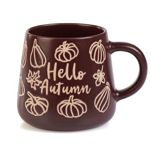 eBoutik - Large Hello Autumn Design Coffee Mug - Tea Cup for Thanksgiving Halloween Cosy Seasons Holiday -Pumpkin & Leaves Design (Dark Red)