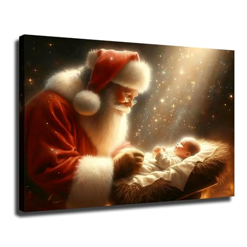 Baby Jesus in Manger Wall Art, Santa Claus Christmas Winter