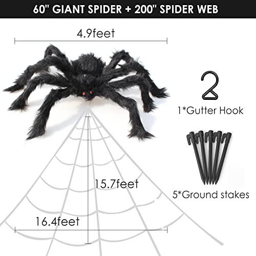 Bzkdegt Halloween Outdoor Decorations 60" Scary Giant Spider 200" Triangular Large Spider Web Huge Fake Hairy Spider Props For Indoor Outdoor Haunted House Yard Lawn Decor Costumes Party #TOP5