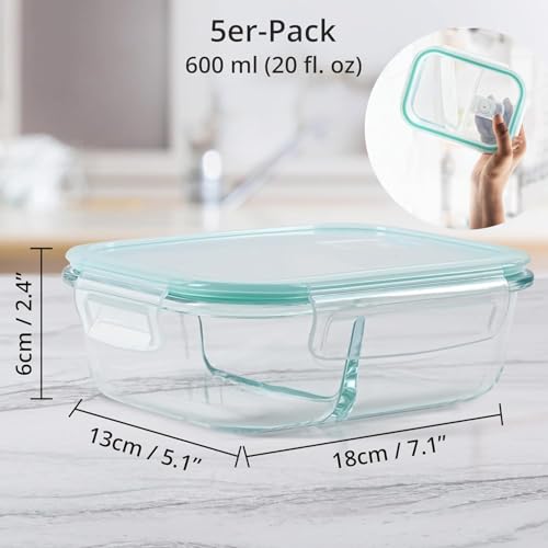 Meal Prep Box aus Glas mit 2 Fächern – 5er-Pack