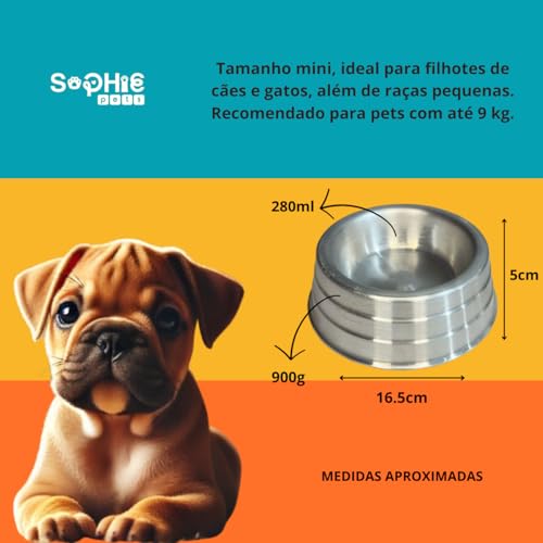 Kit 2 Comedouro Bebedouro Pesado em Aluminio Polido Mini 280ml Para Cachorro Gato Filhote Pet Cão Cã