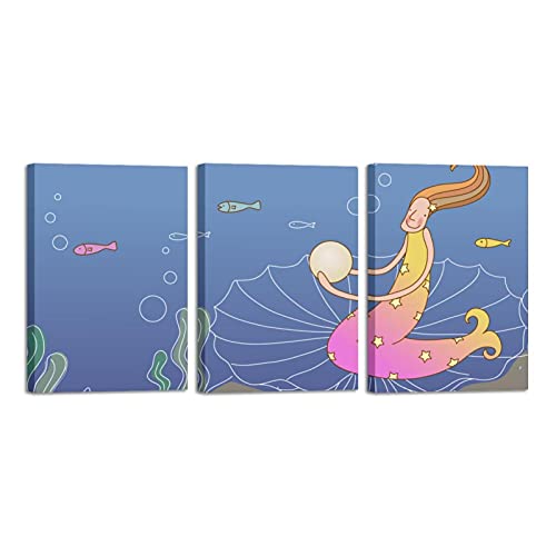 Impressions sur toile sirène et perle déco murale triptyque encadré salon