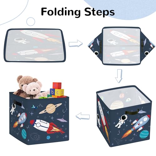 Clastyle Cosmic Space 子供用ストレージキューブオーガナイザーセット 惑星 星 クローゼット 洋服キューブ ストレージビン 保育園 幼児 おもちゃ箱 チェスト 女の子 男の子 ブックシェルフバスケット、ロケット、11.8x11.87x11.8インチ