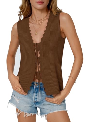 Image of COCCKO Womens Summer Tops Vacation Beach Outfits Cute Tie Front Crochet Vest Knit Sleeveless Sweaters