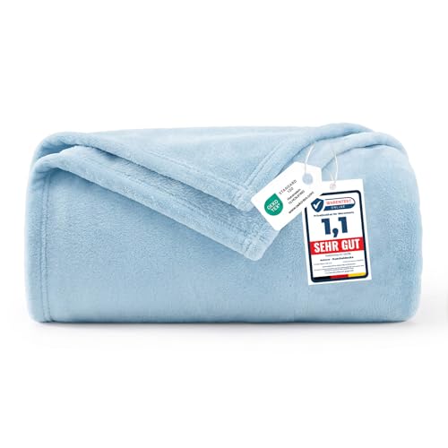 WAVVE Manta Polar Franela de Microfibra, Manta de sofá, 130 x 150 cm, Color Azul Claro, Manta de sofá para 1 Persona, Manta de Piel pequeña, cálida y Suave de Felpa