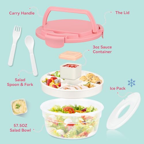 Image of Salad Container for Lunch, Bento Lunch Box 58-oz with 4 Compartments Tray and Ice Pack, Leak-Proof Salad Bowl with Lid for Adults, BPA-Free Lunch Box for Meal Prep & Food Storage (Pink)