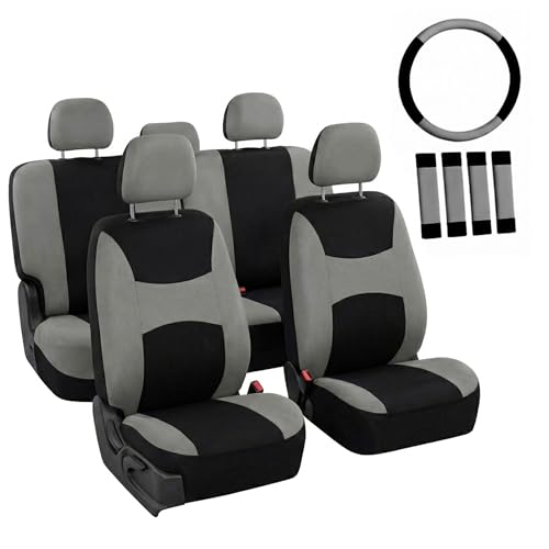 FH Group Universal Fit Gray Black Automotive Seat Covers Combo Set with Steering Wheel Cover and Seat Belt Pad fits Most Cars, SUVs, and Trucks (Airbag Compatible and Split Bench)