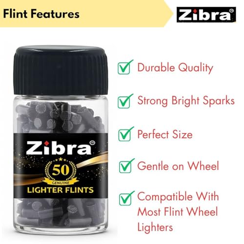 Image of Zibra Universal Lighter Flint Stone I Black 50 Genuine Lighter Flint Pellet I Strong Spark Fire Starter Replacement Flint I Compatible with Zippo, Clipper & Other Wheel Lighters