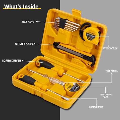 Image of Deli DL1011J 11 Piece Household Tool Kit Portable & Compact with Test Pen Electrical Tape Measure Tape Screwdrivers Utility Knive 5-Hex Keys and Storage Box for DIY Home Repair (Yellow)