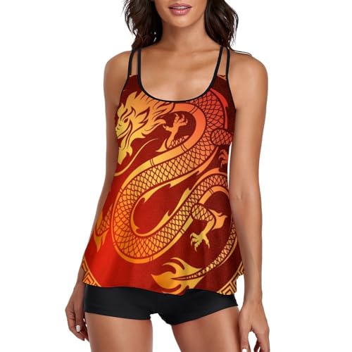 Maillot de bain tankini femme rouge avec dragon et short de bain robe de plage