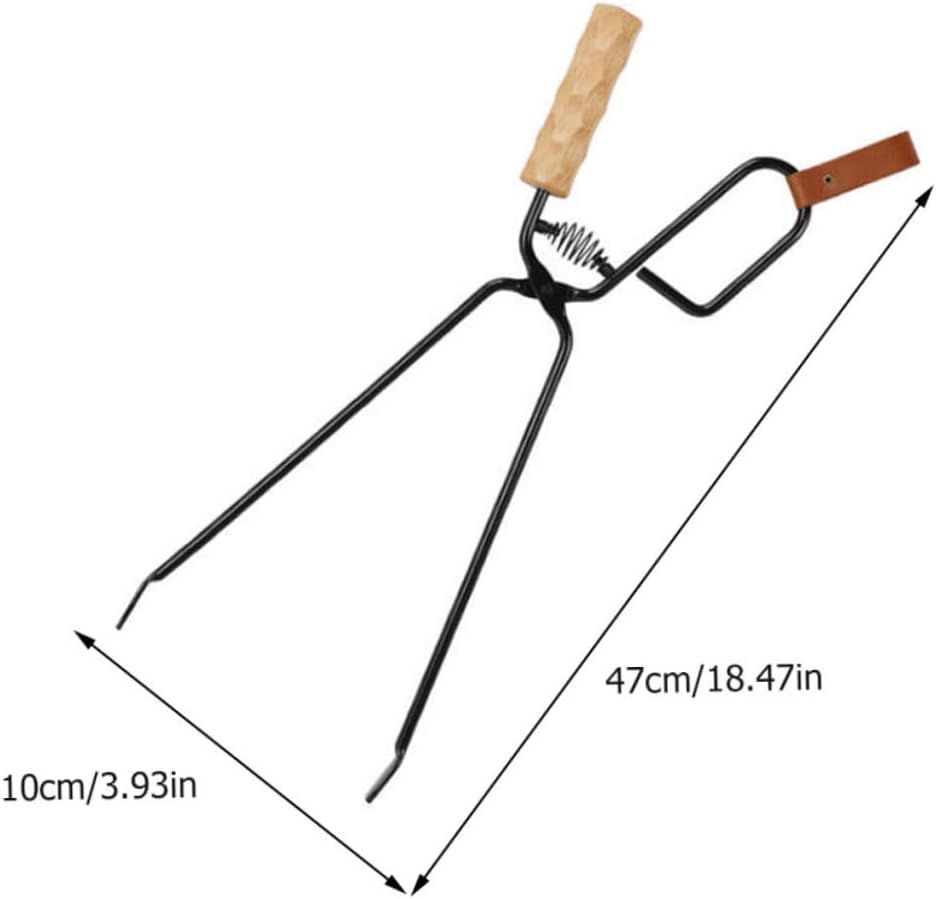 Sosoport BBQ Firewood Tong Wooden Handle Long Charcoal Clamp for Outdoor Grilling Iron Charcoal Tong for Camping Heat-Resistant BBQ Tool