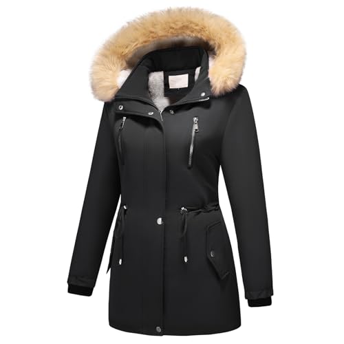 MODFUL Damen Fleece Daunenjacke Abnehmbare Kapuze Verdicken Sherpa Wintermantel Coat (Schwarz, XL)