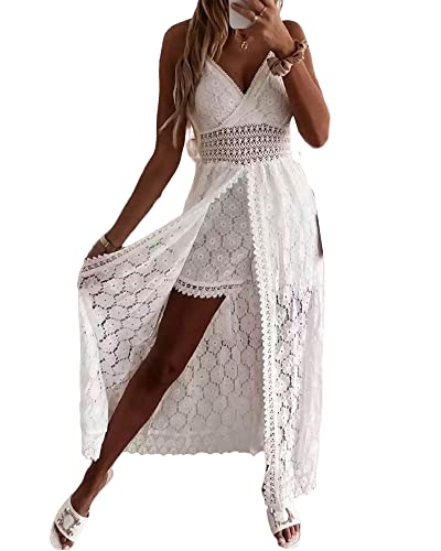SANSIWU Damen V-Ausschnitt Ärmellos Strick Spitze Cutout Sling Maxikleid Rüschen Offener Rücken Unregelmäßiger Saum Vintage Partykleid Boho Solid Strandkleid, B-beige, X-Large