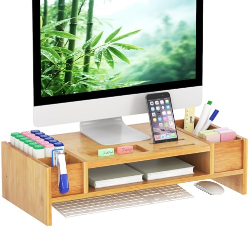 Ufine Bamboo Monitor Stand with Storage Compartments Ergonomic Computer Laptop Riser Small Space Organizer for Home Office