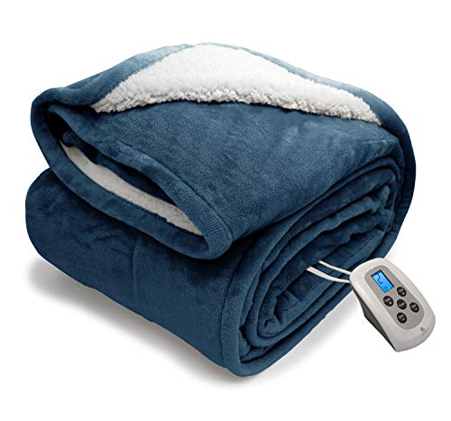Electric Blanket Micro Plush Sherpa And Reversible Flannel Washable Comfortable With 10 Heat Settings/Safety 10 Hours Auto-Off Controller Twin Size Bed Blanket (62 X 84'' Navy Blue) #TOP12