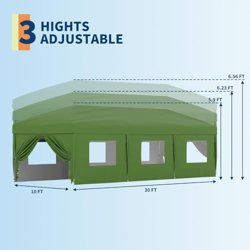 10x30 Pop-Up Awning with 8 Sidewalls - Heavy Duty Outdoor Awning Tent with Portable Rolling Bag - 3 Adjustable Height, 8 Weight Bags, 8 Stakes and 6 Drawstrings, Green