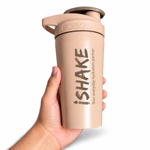 Image of Stainless Steel Protein Shaker Bottle, 100% Leakproof Metal Gym Shaker, Durable Steel Gym Sipper Bottle for Smooth Protein Mixing with Measurement, 700 ml Capacity (Nude Beige)