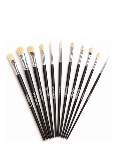 Image of Stationerie Hog Paint Brush Set of 11 (Mix Paintbrush Set of 11) - Long Handle Artist Paintbrushes with Natural Hair for Oil Painting & Mixed Media (Black)