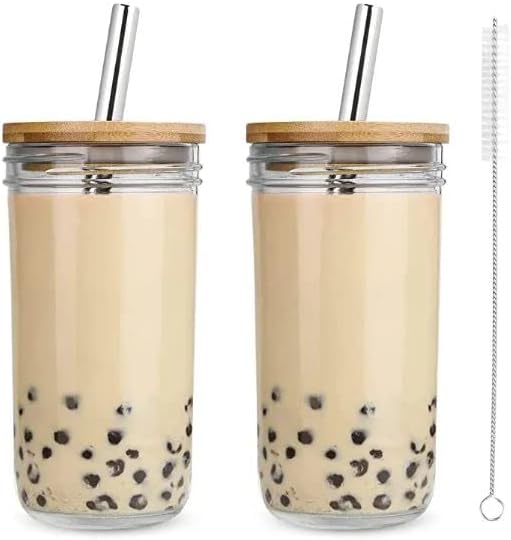 24oz Tumblers with Lids and Straws, Reusable Water Bottle, Glass Cups with Bamboo Lid and Straw Set, Iced Coffee, Bubble Tea, Smoothies