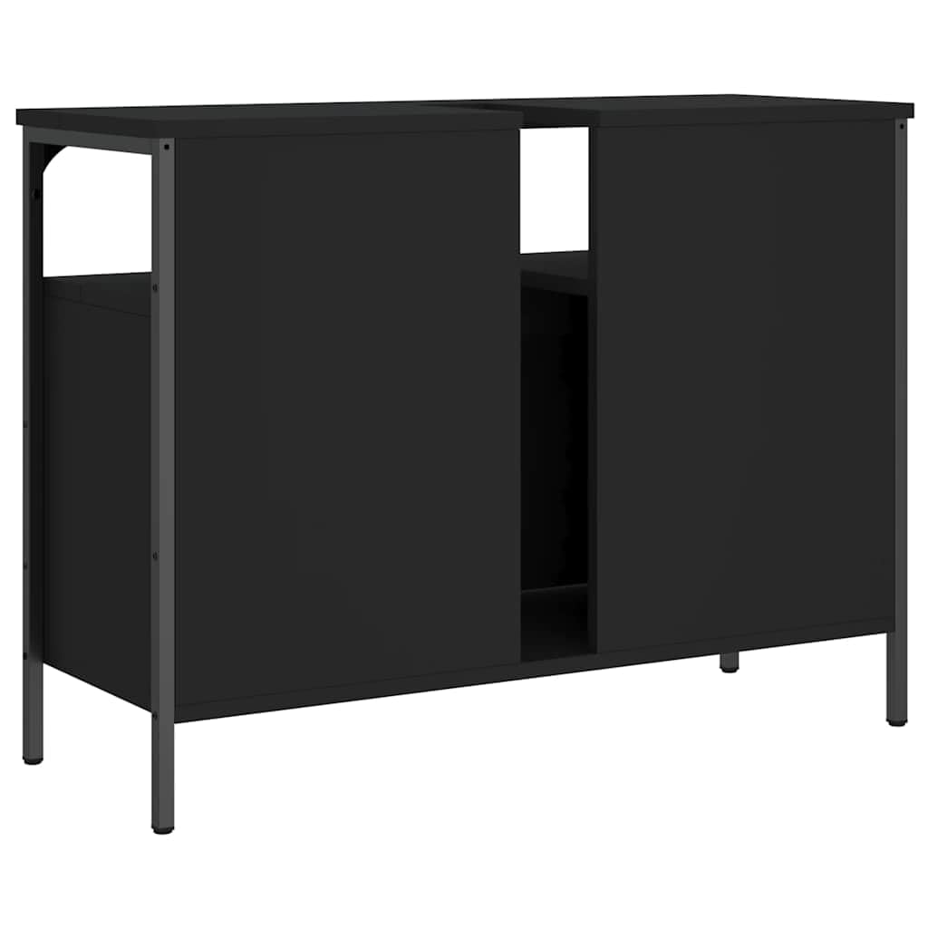 Waschbeckenunterschrank Schwarz 80x30x60 cm Holzwerkstoff, pulverbeschichtetes Stahl Gestell, mit Schublade, Siphon Öffnung 8x20 cm, platzsparender Bad Waschtisch Stauraum