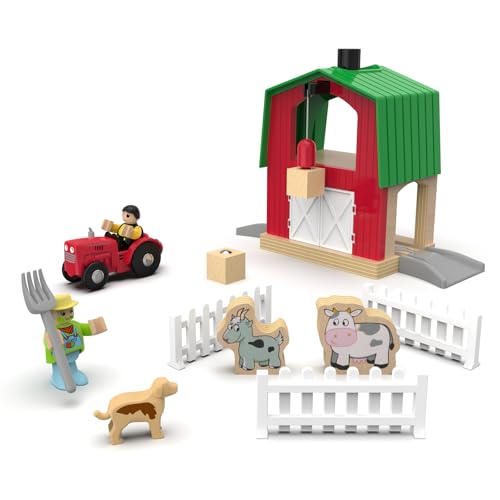 MyKaFort Wooden Train Set Farm Expansion Pack – Tractor, Barn, Animals, and Figures – Compatible with Brio Thomas Railway – Interactive Farmyard Toy for Kids Ages 3+
