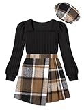 NECIOUS Girls Clothes Size 8 10 Girls Outfits Fall Winter 3 Piece Puff Sleeve Black Tops Mini Plaid Skirt Sets Brown Shorts Dresses Thanksgiving Outfit