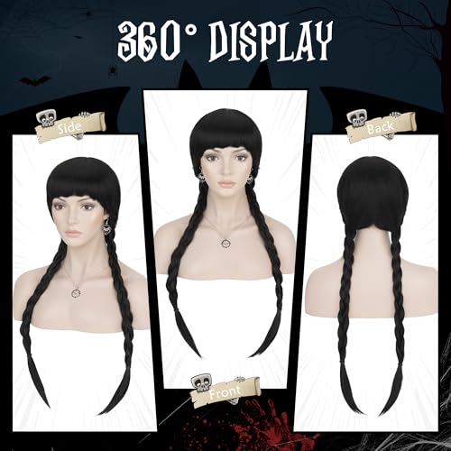 Image of S-noilite Wednesday Addams Braided Black Wig Set, Long Braids Wigs with Bangs for Women Gothic Costume Cosplay Party Halloween w. Earrings and Necklace+Wig Cap