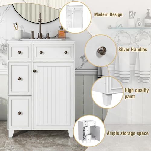 Image of 24 Inch Bathroom Vanity with Ceramic Sink, Freestanding Vanity Cabinet with 2 Drawers and 1 Door (White)
