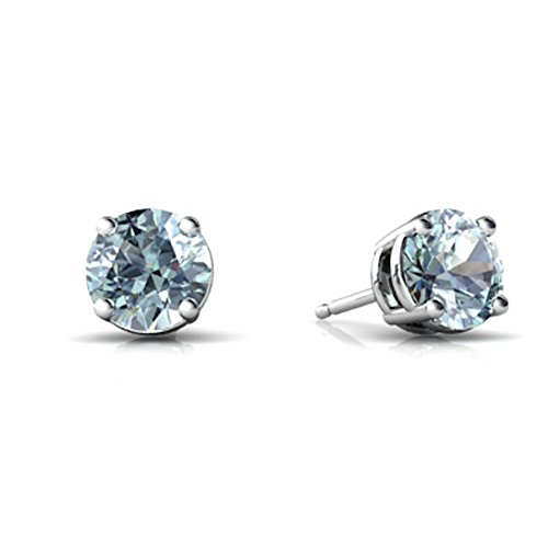 Stud Post Earring Round Shape Simulated Blue Aquamarine 925 Sterling Silver