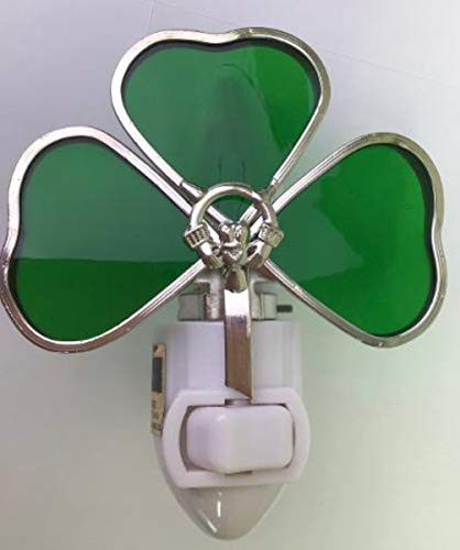 Real Stained Glass Irish Shamrock with Claddagh Night Light - Silver Finish