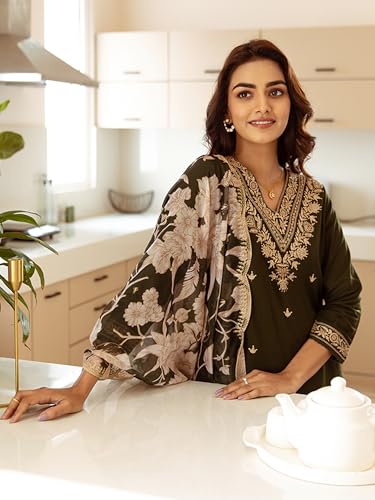 Image of INDO ERA Women's Embroidered Viscose Rayon Kurta & Pant With Dupatta Set