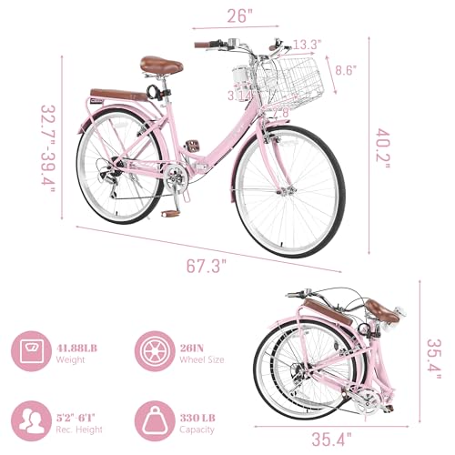 Image of 24 /26 Inch Folding Beach Cruiser Bike for Women, 7-Speed Foldable Bicycle with Basket & Cup Holder, Adult Commuter Bike with Adjustable Seat, Dual V-Brake System