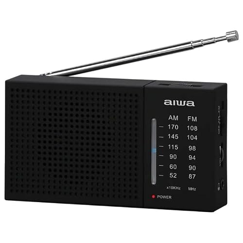 Aiwa Radio Portátil Am/FM Analógica AWFML2, Altavoz 1.5”, Antena Telescópica, Funciona con 2 Pilas AA, Entrada Audífonos 3.5 mm, Compacta y Ligera, Color Negro