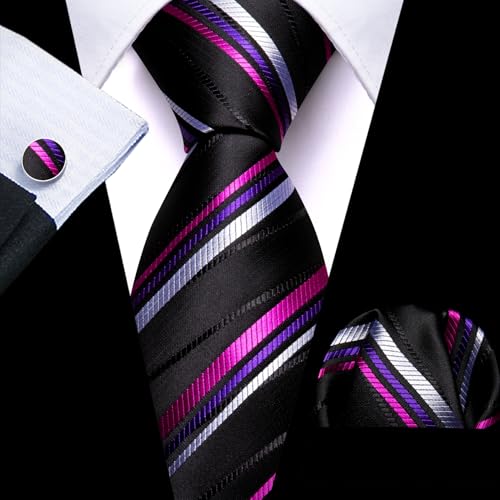 Image of Barry.Wang Man Stripe Ties Set Silk Woven Pocket Square Necktie Cufflinks Formal Party Business