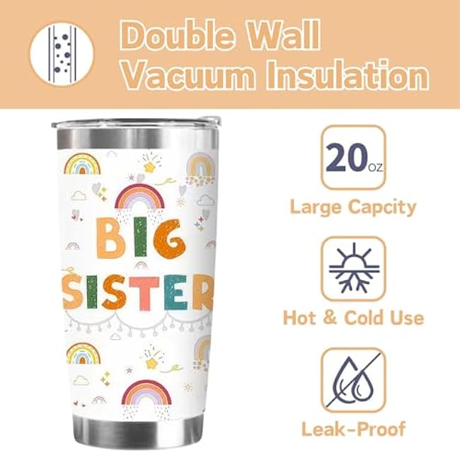 20oz Big Sister Tumbler, Birthday Gift for Sister Stainless Steel Insulated Tumbler, Cute Sun Rainbow Clouds Insulated Bottles Double Wall Vacuum Travel Coffee Mug with Lid for Women Girls