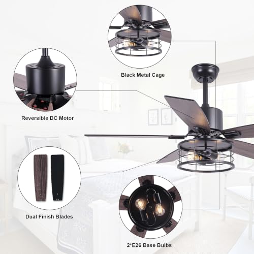 Image of 46 inch Farmhouse Ceiling Fan with Lights Remote Rustic Ceiling Fan | Industrial Caged Fandelier, Black Chandelier Light for Living Room Indoor Outdoor, Reversible DC Motor 6 Speeds, 2 E26 Bases