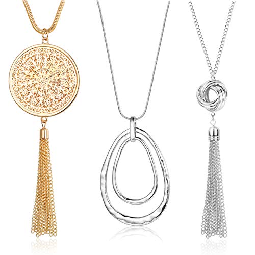 FUNRUN JEWELRY 3PCS Long Pendant Necklace for Women Circle Knot Tassel Necklace Sweater Chain Statement Necklace Set (C:Mix Color)