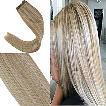 【9% Off】YoungSee 18inch Human Hair Weave Bundles Highlighted Ash Brown with Blonde Remy Real Hair Sew in Human Hair Extensions 100g/Bundle