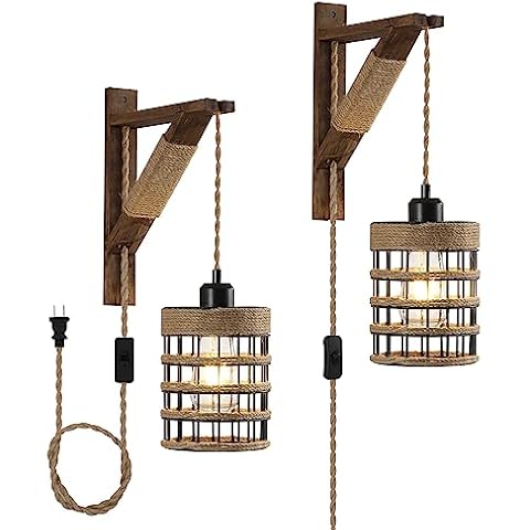 SEEBLEN Farmhouse Wall Sconce Plug-in, Vintage Hanging Lamps That Plug into Wall Outlet, Rustic Metal Cage Sconce with Wooden Bracket for Bedroom Living Room Headboard.(2 Pack) Cover