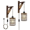 SEEBLEN Farmhouse Wall Sconce Plug in Vintage Hanging Lamps That Plug into Wall Outlet Rustic Metal Cage Sconce with Wooden Bracket for Bedroom Living Room Headboard2 Pack