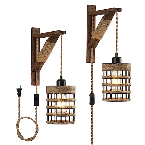 SEEBLEN Farmhouse Wall Sconce Plug in Vintage Hanging Lamps That Plug into Wall Outlet Rustic Metal Cage Sconce with Wooden Bracket for Bedroom Living Room Headboard2 Pack