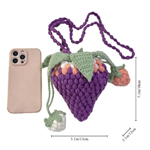Image of Handmade Knitted Shoulder Bag Crochet Strawberry Purse for Women | Crossbody Bucket Bag, Drawstring Secure Closure, Soft Lightweight Fabric, Daily Party Holidays
