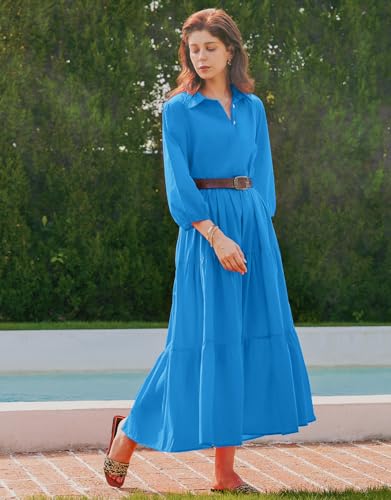 Image of Women Button Down Maxi Shirt Dress Long Sleeve Flowy Tiered Collared Dresses with Pockets