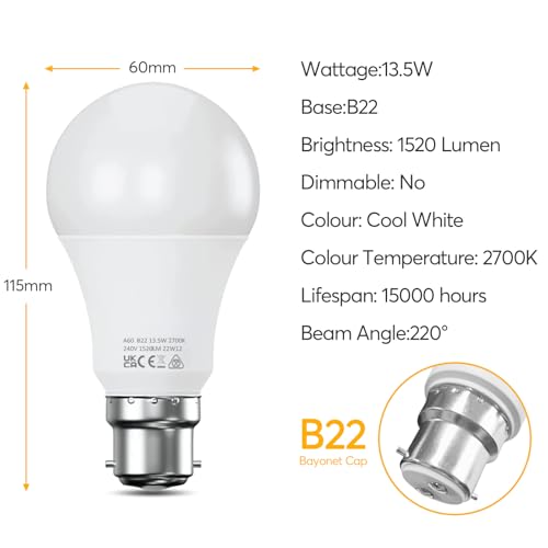 Bayonet Light Bulb 100W Equivalent, Energy Saving B22 LED Bulbs, Warm White 2700K, 13.5W 1520 Lumens Light Bulb, Non-Dimmable, Super Bright BC GLS Light Bulbs, 6-Pack - Image 3
