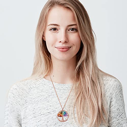 Memolome 7 Chakra Healing Crystal Necklaces Tree Of Life Wire Wrapped Pendant Necklaces Reiki Natural Stone Gemstone Pendant Quartz Necklaces For Women Girl Mom Jewelry Gift 3Pcs Set #TOP2