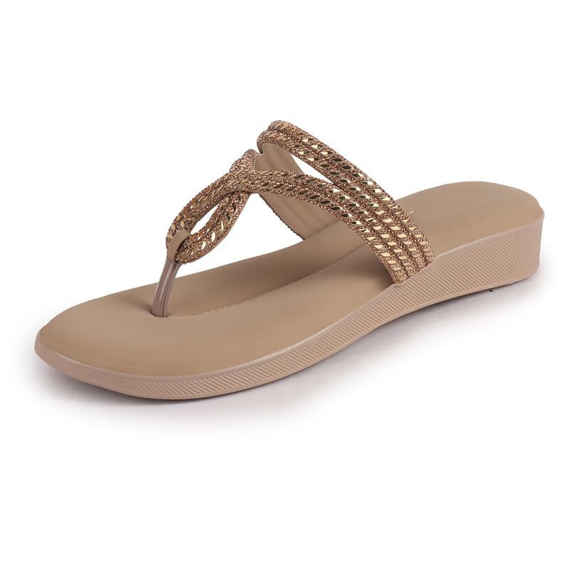 Image of FAUSTO Women T-Strap Slip On Ethnic Sandals with Rhinestone Strap | Wedge Ortho Slip-On Slippers | Perfect for Wedding, Festive Outfits