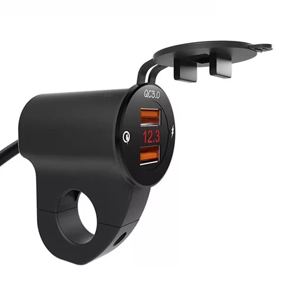 Riloer Chargeur de téléphone Portable de Moto en Alliage d'aluminium USB Dual QC3.0 Charge Ultra Rapide avec voltmètre + Interrupteur étanche Noir pour Smartphones, tablettes et GPS