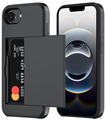 Qinmay Compatible with iPhone 16e Case with Card Holder, Dual Layer Shockproof,Heavy Duty Protective Hidden Slot Slim Wallet Phone Cover,Black