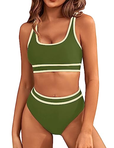 BMJL Women's High Waisted Bikini Sets Sporty Two Piece Swimsuits Color Block Cheeky High Cut Bathing Suits(S,Army Green)